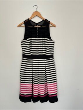 Taylor Women’s Dress Sz 8 Fit and Flare Pleated Sheer Mesh Stripes A-Line EUC